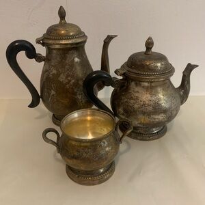 Vintage Silver Coloured Tea Set with Black Handles